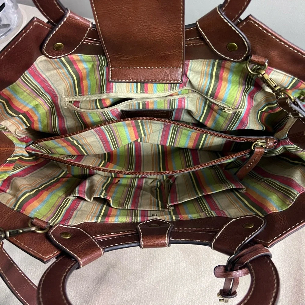 🤎✨ Fossil Woven Straw & Leather Satchel 👜🌾 Key Charm • Crossbody Strap